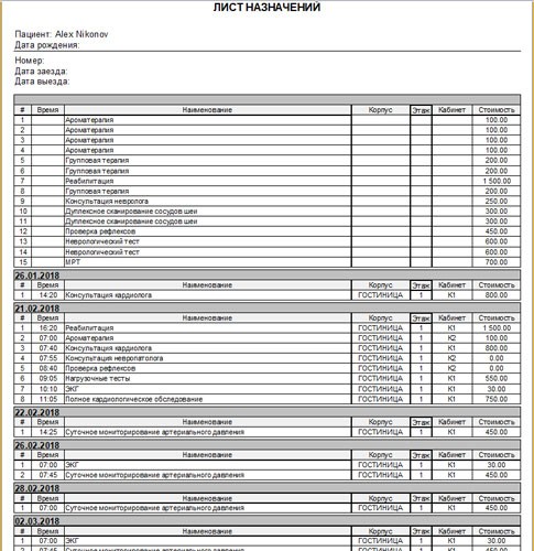 Печать для пациента листа назначений с указанием дат, времени, кабинета отпуска той или иной процедуры